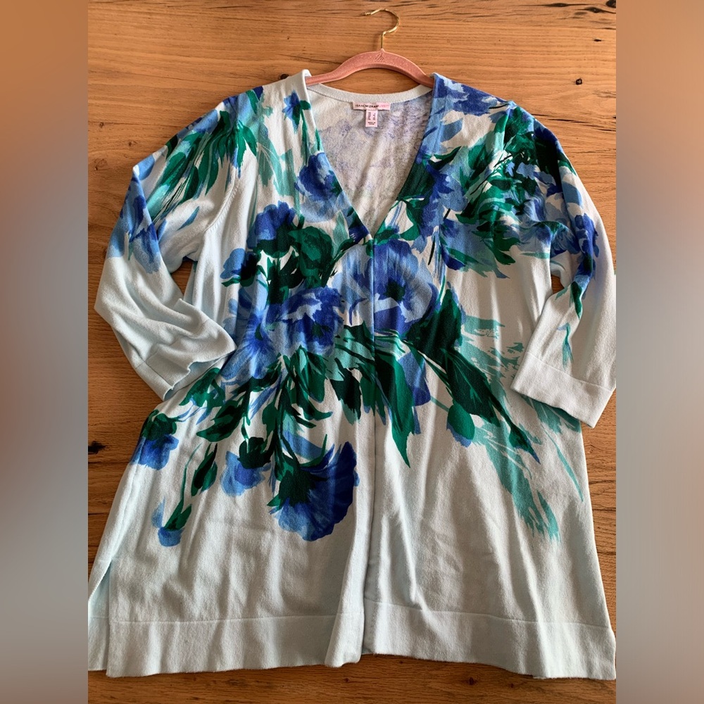 Isaac Mizrahi Floral Cardigan Mint Blue Green 3/4 Sleeve Women’s L Preloved‎